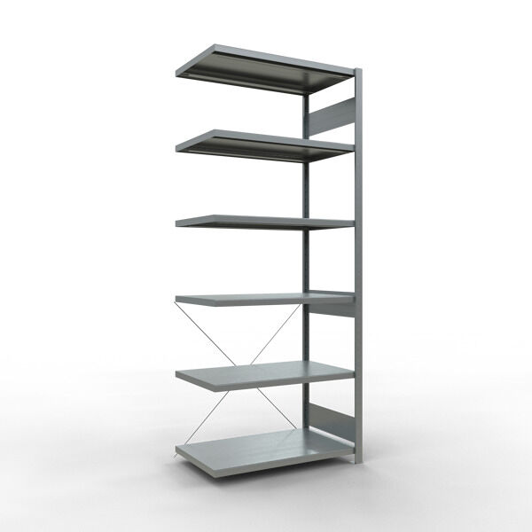 Anbauregal, Fachbodenregal Stecksystem MULTIplus250, 2500 x 1000 x 600 mm (HxBxT), 6 Fachböden, Kreuzstrebe, verzinkt