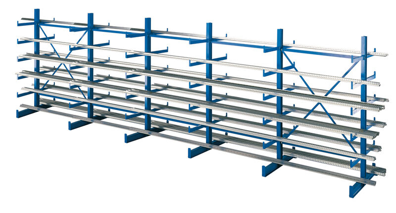 K 1000 Kragarmregal-Set, doppelseitig, 2000 x 6250 x 2x500, RAL 5010 enzianblau, Tragkraft je anm: 200 kg, Tragkraft gesamt einschließlich Fußebene: 7.200 kg