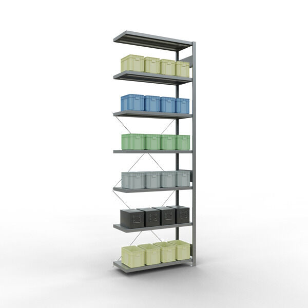 Anbauregal, Fachbodenregal Stecksystem MULTIplus250, 3000 x 1000 x 400 mm (HxBxT), 7 Fachböden, Kreuzstrebe, verzinkt