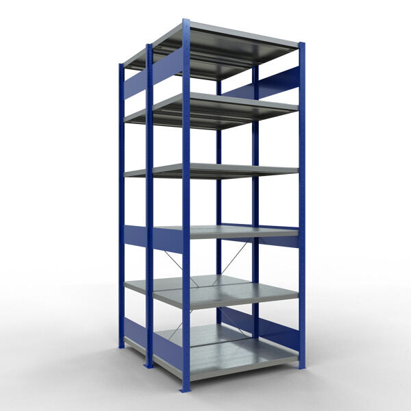 Grundregal, Doppelregal, Fachbodenregal Stecksysem MULTIplus250, 2500 x 1000 x (2x600) mm (HxBxT), 2x6 Fachböden, Kreuzstrebe, RAL 5010 enzianblau/verzinkt