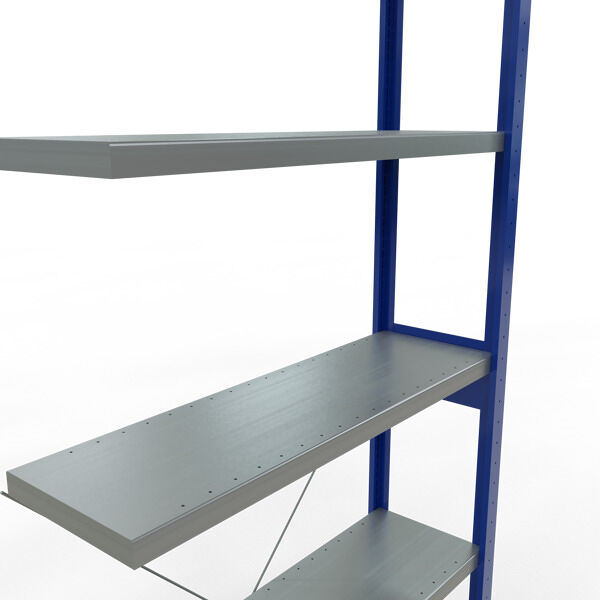Anbauregal, Fachbodenregal Stecksystem MULTIplus250, 2500 x 1000 x 300 mm (HxBxT), 6 Fachböden, Kreuzstrebe, RAL 5010 enzianblau/verzinkt