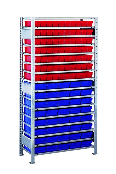 GR, Kleinteileregal-Set 2 MULTIplus150, 2000 x 1000 x 500 mm, verzinkt, 16 Fachböden, 70 Regalkästen 83x93x500 mm rot, 40 Regalkästen 83x186x500 mm blau