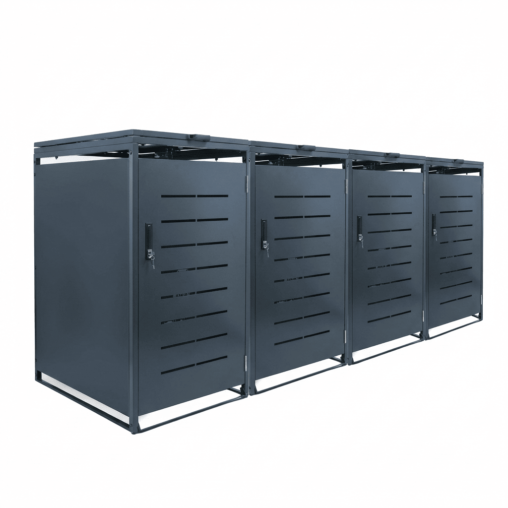 4er Set Premium Mülltonnenbox, anthrazit, mit Schloss & Gasdruckfedern, 1190 x 680 x 800 mm (HxBxT), inkl. Bodenanker, modular erweiterbar
