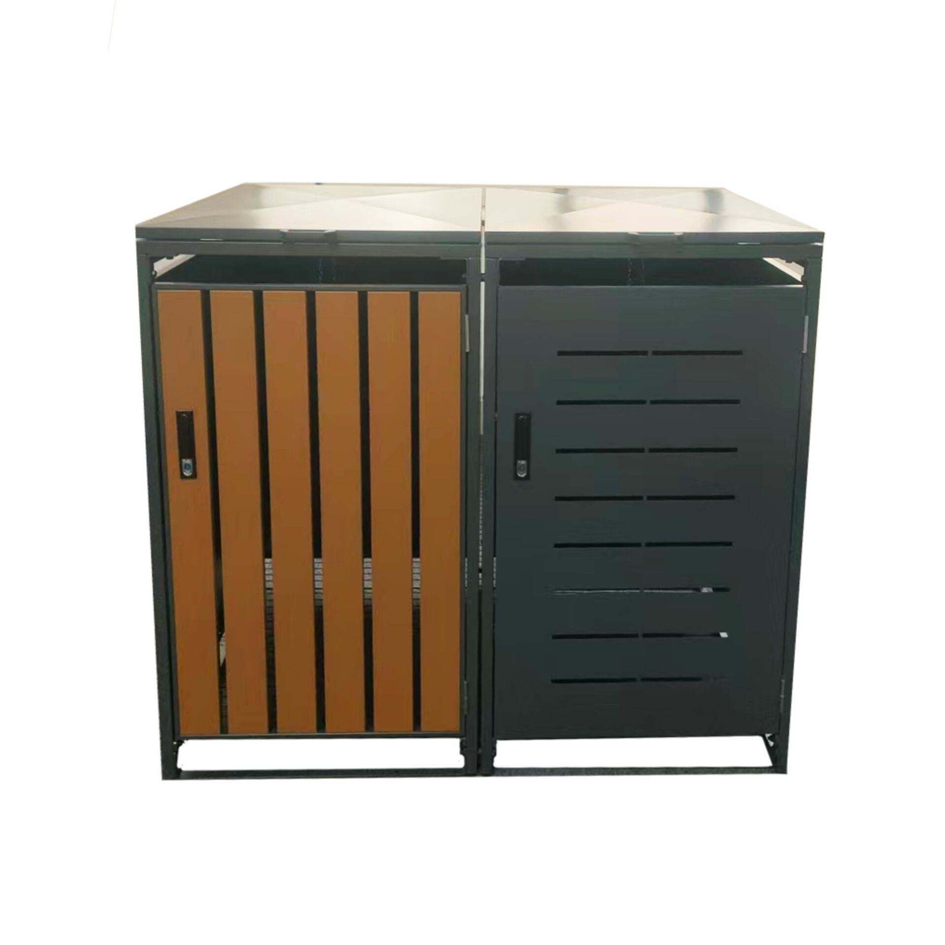2er Set Premium Mülltonnenbox, 1x anthrazit & 1x Holzoptik-dunkel, mit Schloss & Gasdruckfedern, 1190 x 680 x 800 mm (HxBxT), inkl. Bodenanker, modular erweiterbar