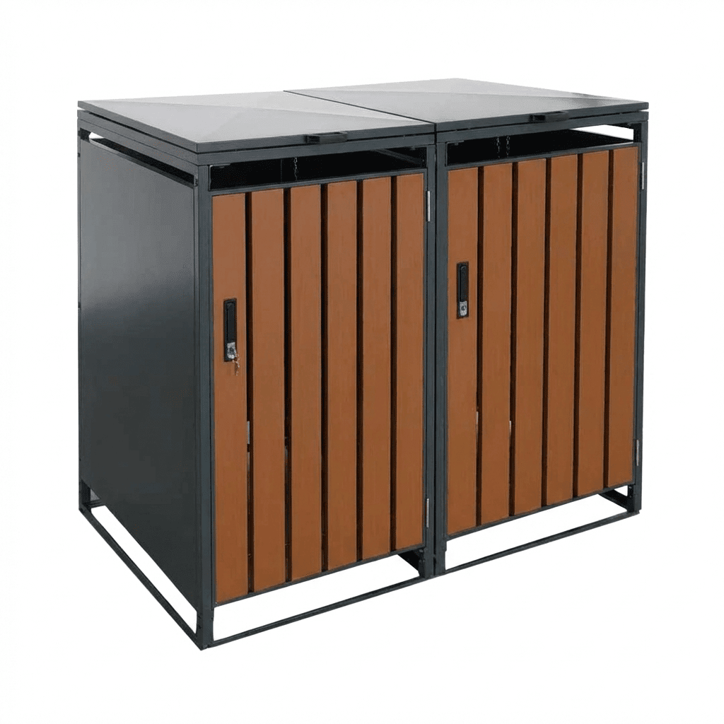 2er Set Premium Mülltonnenbox, anthrazit, Tür: Holzoptik-dunkel, mit Schloss & Gasdruckfedern, 1190 x 680 x 800 mm (HxBxT), inkl. Bodenanker, modular erweiterbar