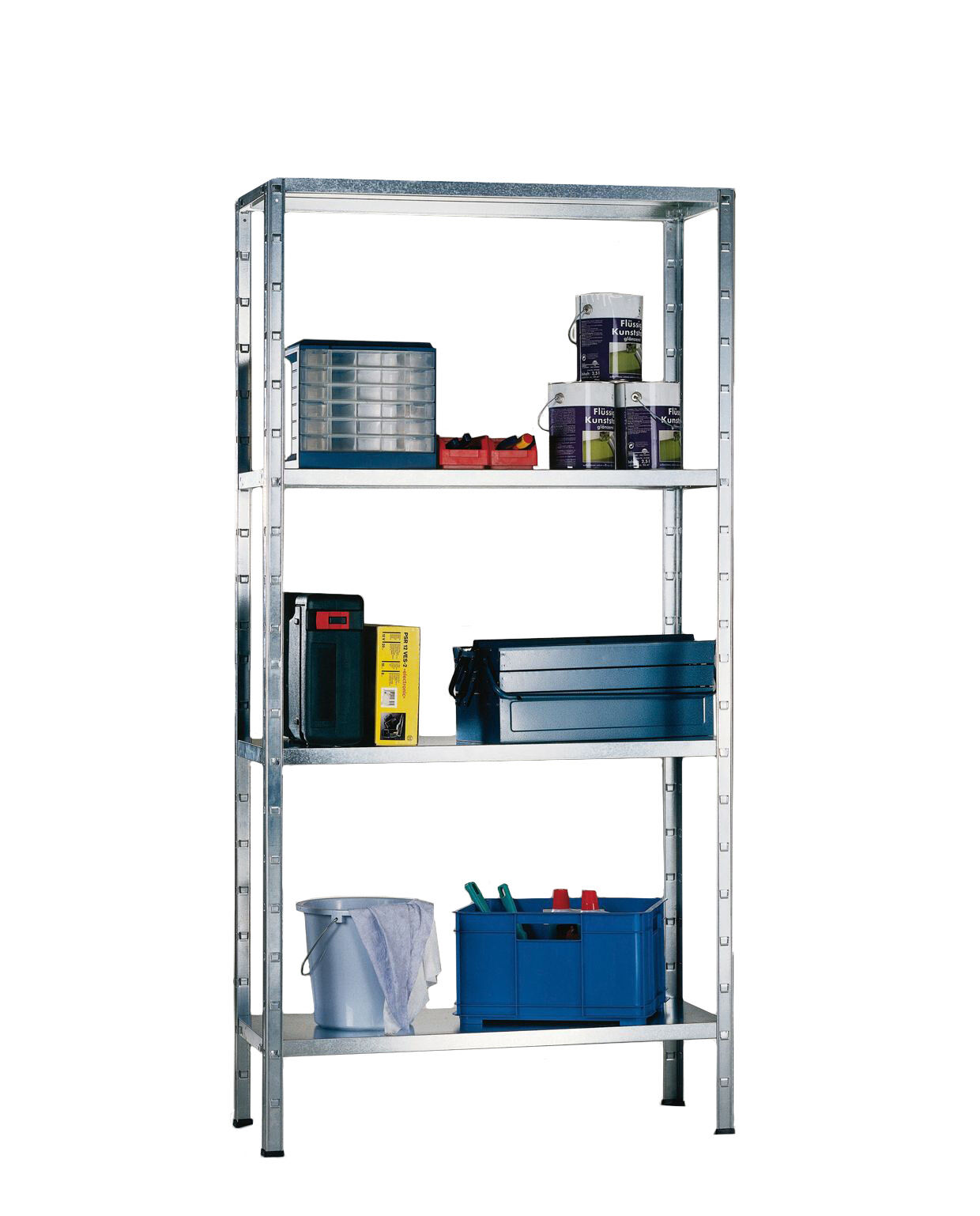 Steckregal mit 4 PowerMAX Fachböden, 60 Kg Tragkraft, 150x80x30 cm (HxBxT), verzinkt