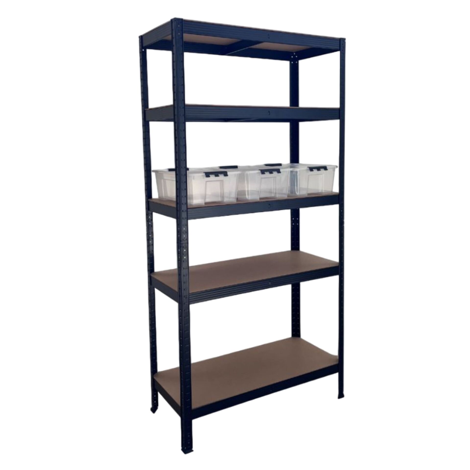 Schwerlastregal mit 5 MDF-Böden und 3 Aufbewahrungsboxen, 180x90x40 cm (HxBxT), 175 Kg Traglast pro Boden, schwarz