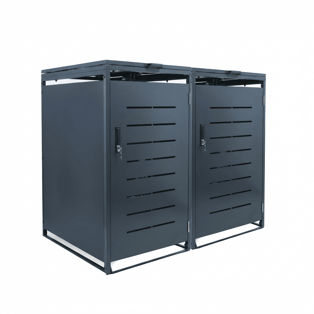 2er Set Premium Mülltonnenbox, anthrazit, mit Schloss & Gasdruckfedern, 1190 x 680 x 800 mm (HxBxT), inkl. Bodenanker, modular erweiterbar